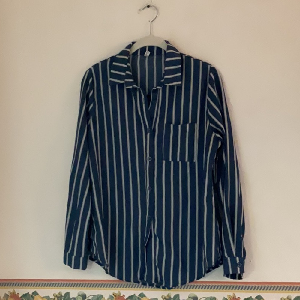 Hotouch Striped Button Down Shirt, Size S, Navy Blue/White